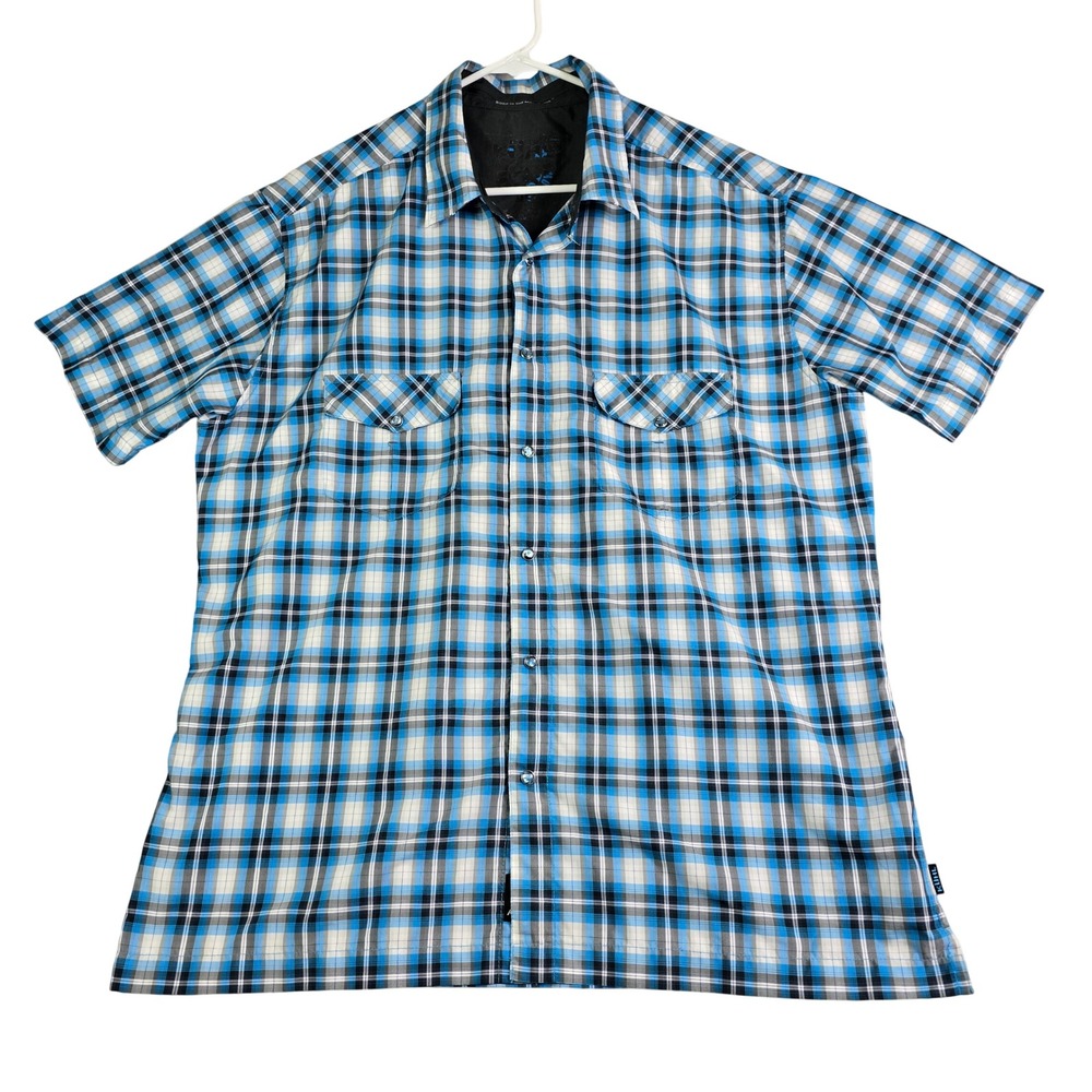 Kuhl Plaid Peal Snap‎ Button Shirt Mens XL Blue Short Sleeve Hiking Outdoor Gorp